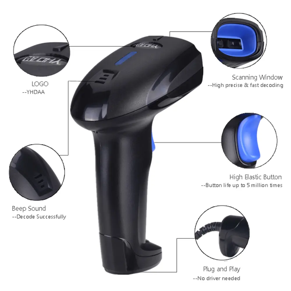 Detailed feature diagram of the YHD-1100DW 2D wireless barcode scanner highlighting the scanning window, ergonomic trigger button, and LED indicator.