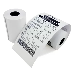 Closeup photograph of a single 80mm x 80mm white thermal receipt paper roll with a short printed sample transaction receipt, from PosLynk, Sri Lanka.