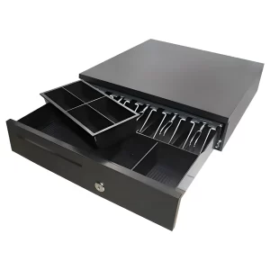 Open black POS cash drawer with the removable coin tray partially lifted, revealing hidden storage space underneath for large bills and rolled coins.