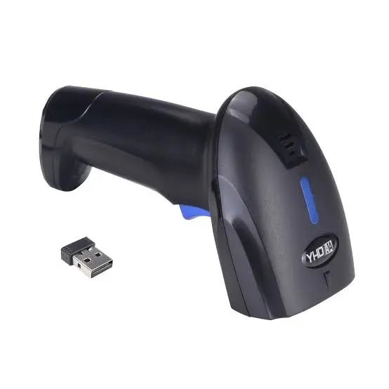 Side profile view of the YHD-1100DW cordless barcode scanner resting horizontally beside its wireless USB receiver.