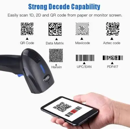 Demonstration of the YHD-1100DW barcode scanner reading a QR code directly from a mobile phone screen, showing its strong 1D and 2D decoding capabilities.
