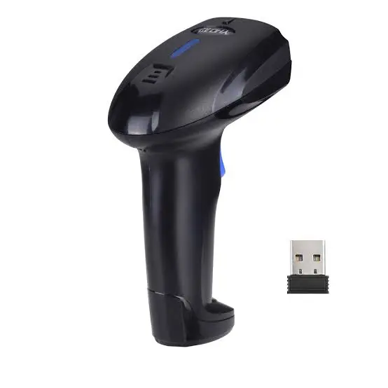 Angled rear view of the YHD-1100DW 2D handheld barcode scanner and its 2.4G wireless USB dongle.