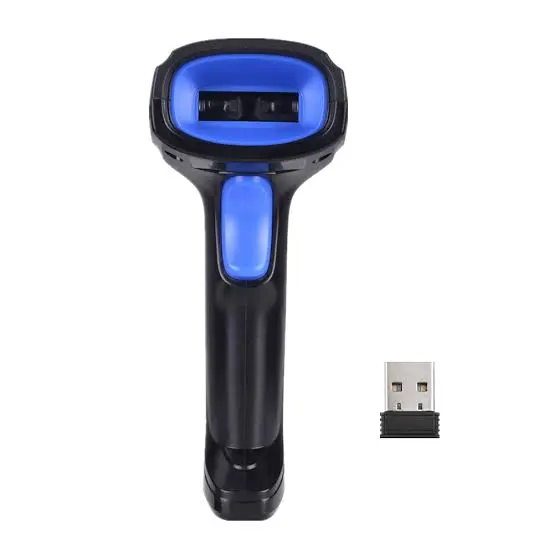Front standing view of the black and blue YHD-1100DW wireless barcode scanner next to its mini USB receiver.