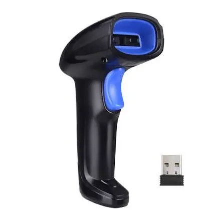 Close-up angled view of the YHD-1100DW barcode scanner showing the blue trigger button and wireless USB receiver.